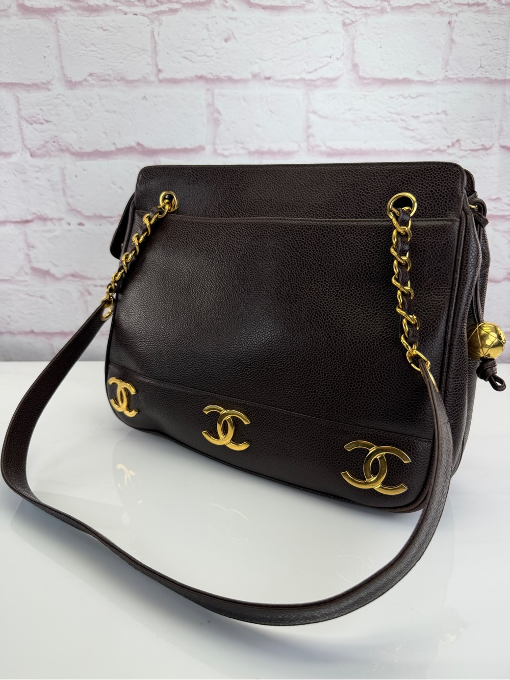Chanel Caviar Triple Coco Chain Vintage Shoulder Bag Brown